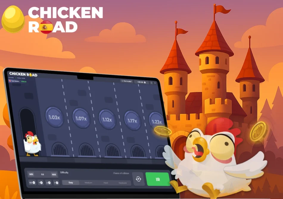 Pantalla del juego Chicken Road en España con castillo de fondo y gallina lanzando monedas doradas