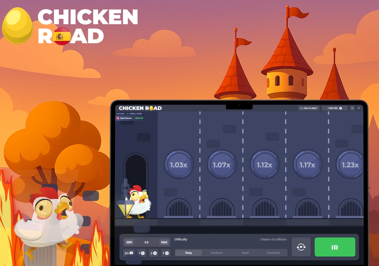 Vista del juego Chicken Road en ordenador con gallina lista para jugar frente al castillo medieval
